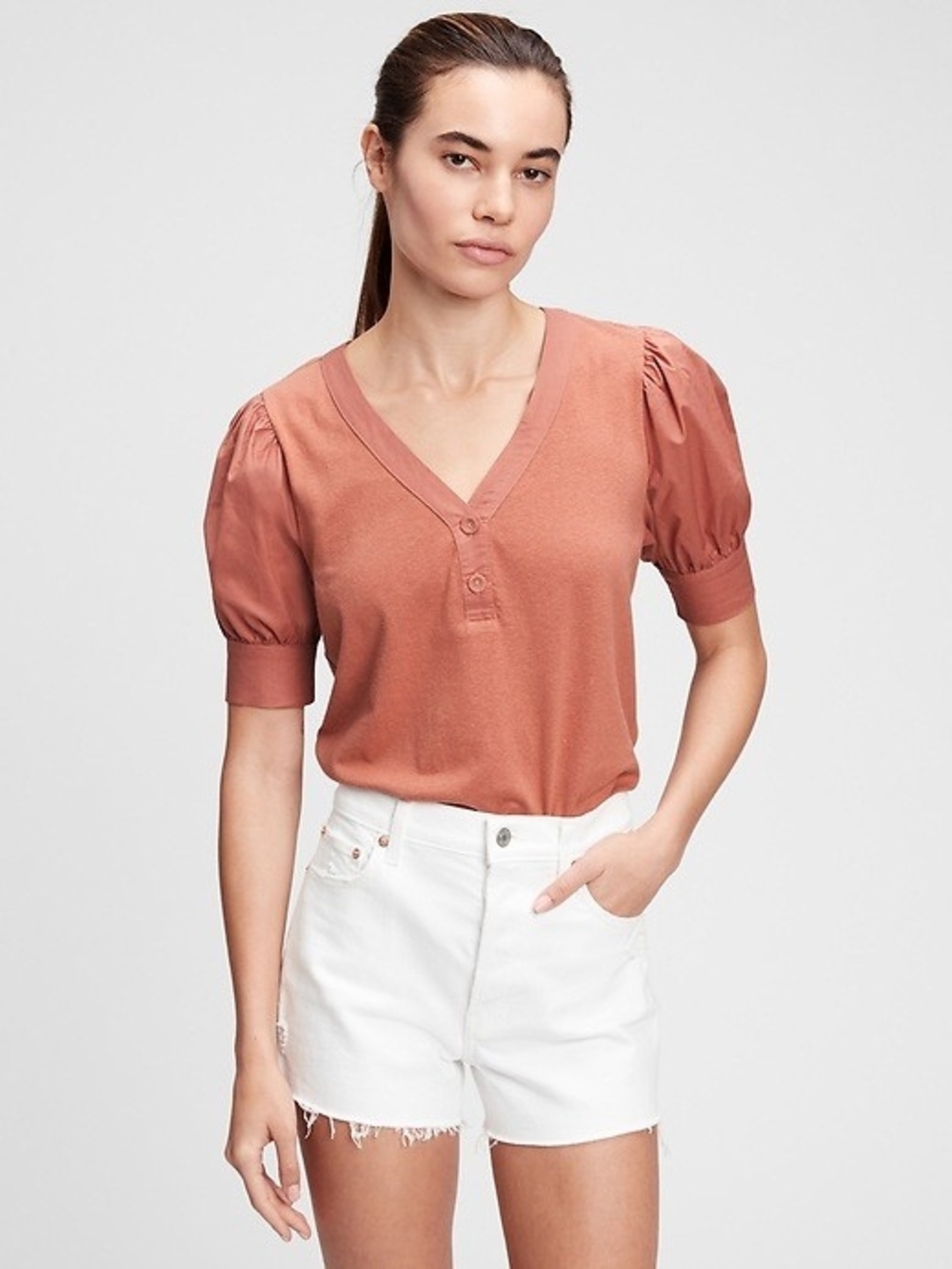 GAP Peach V-Neck Button Puff-Sleeve Top Small